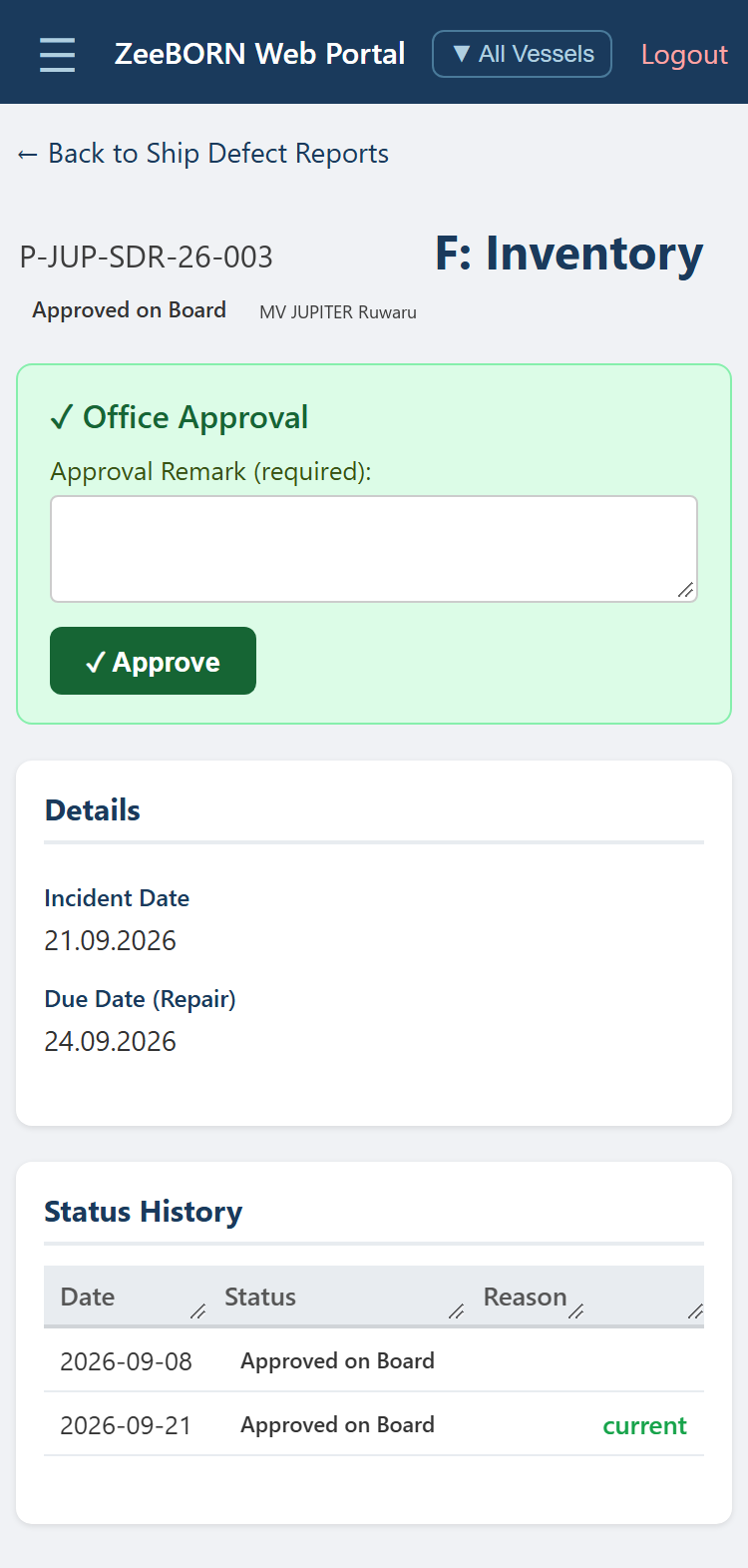 Office approval of a ship defect report, in a green box with a required remark