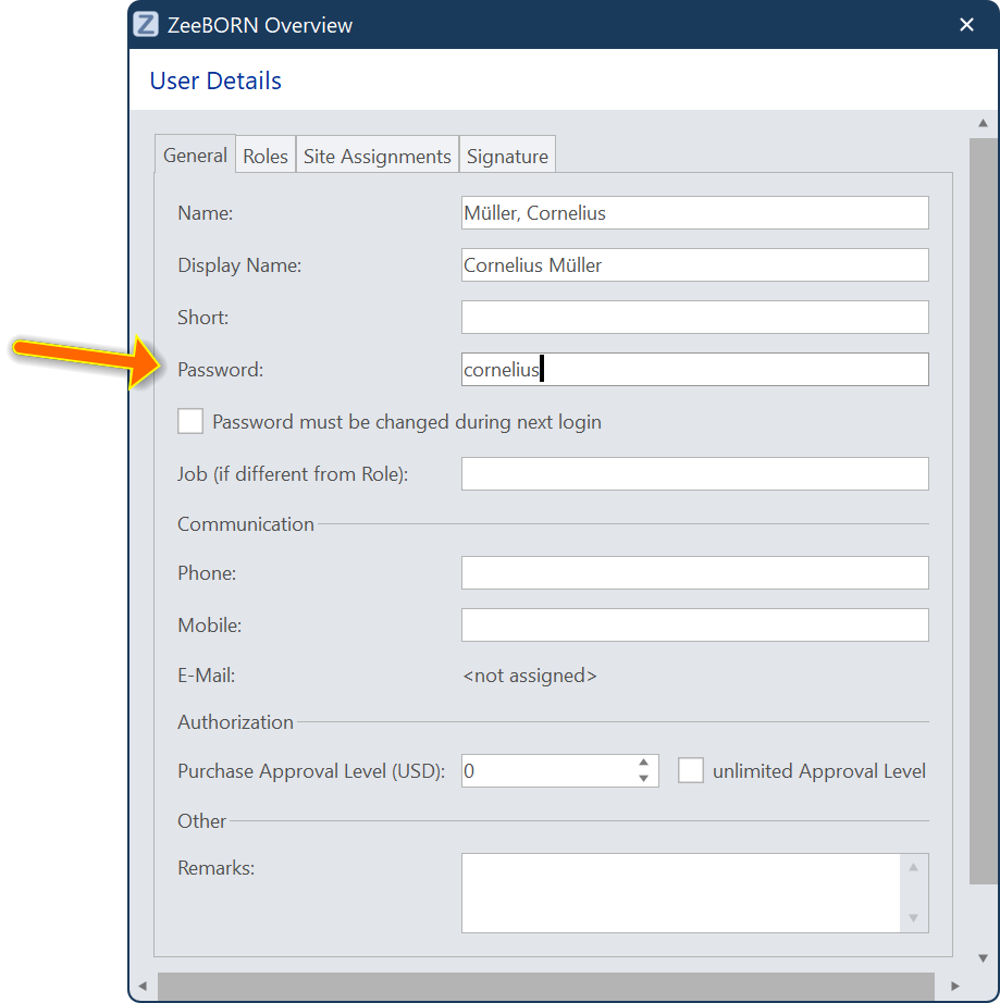 The user dialog with name, display name and password