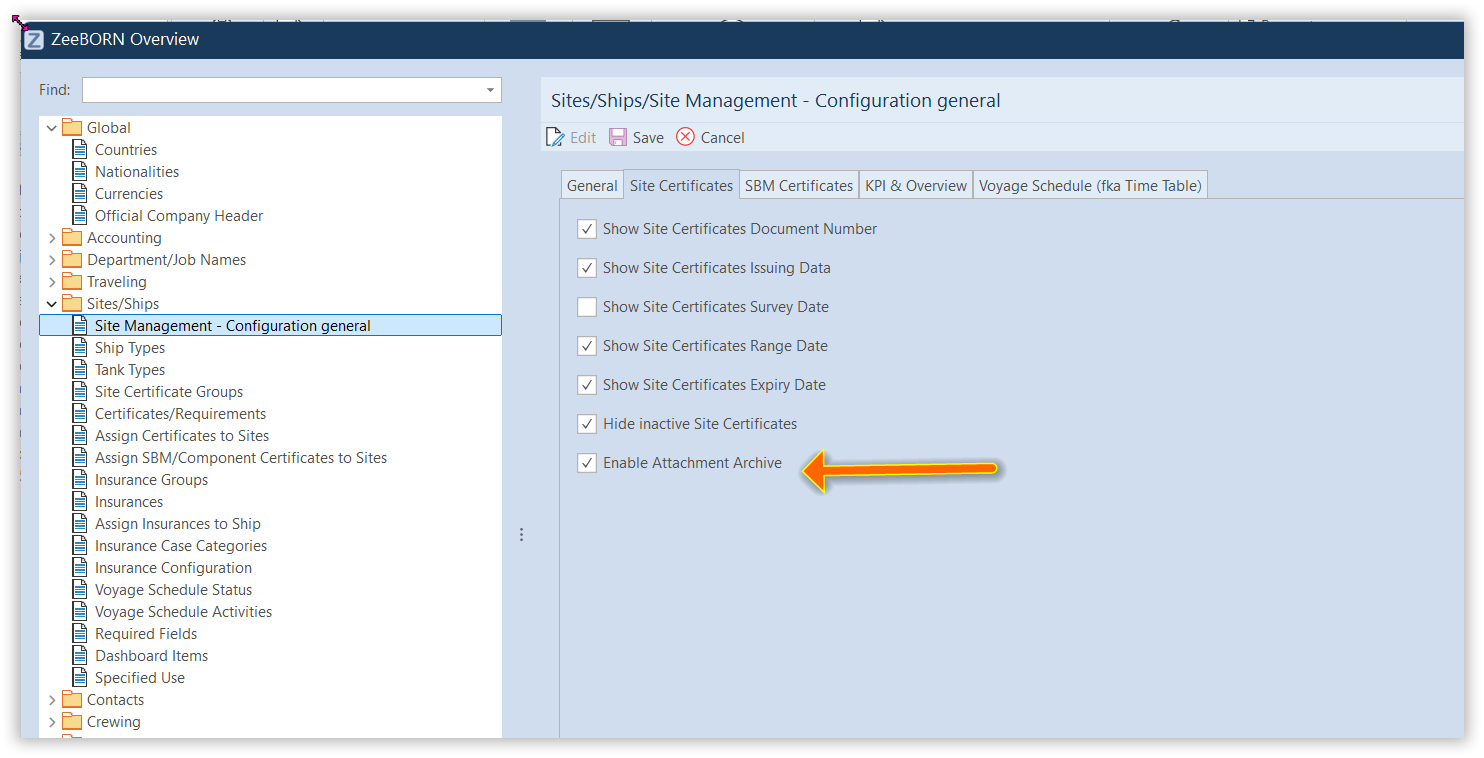 Site Manager configuration with the Enable Attachment Archive checkbox