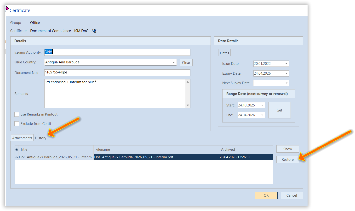 History tab with the Restore button