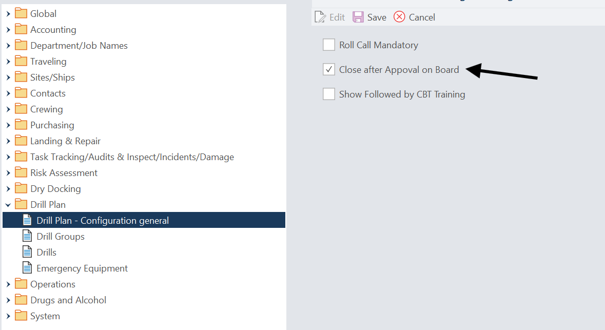 DrillPlan configuration with CloseAfterApprovalOnBoard enabled