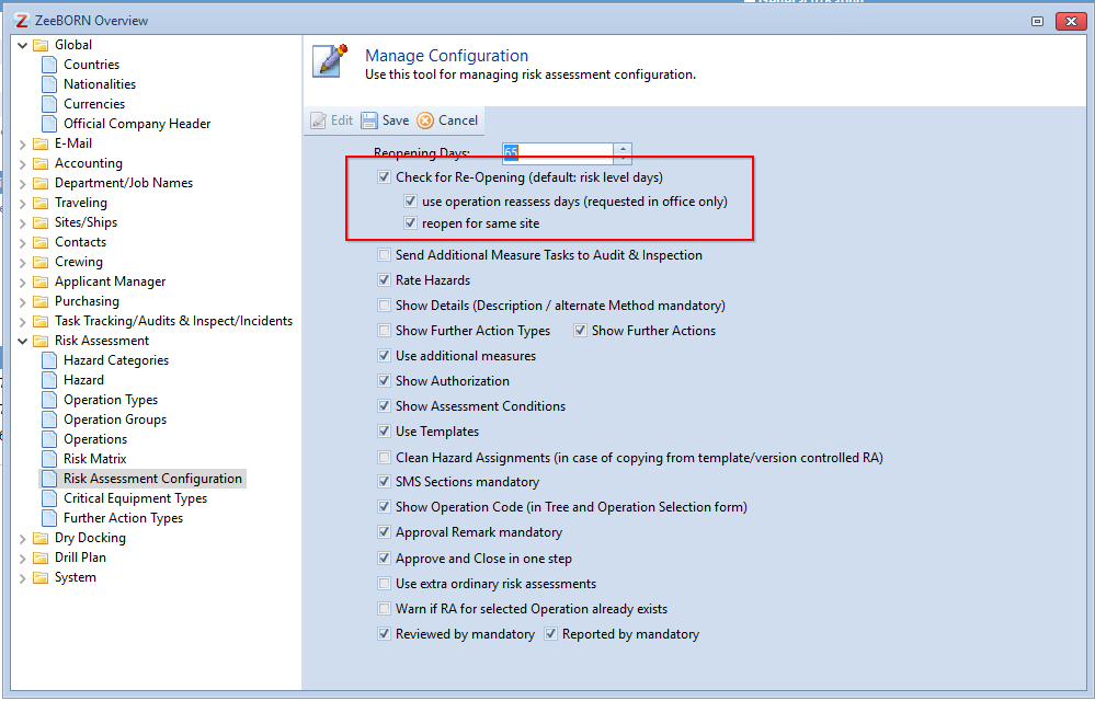 The re-opening options in the Risk Assessment configuration