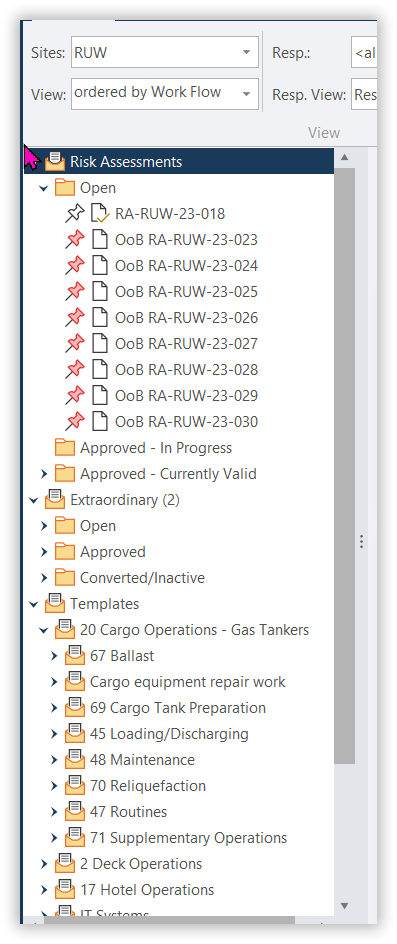 The workflow tree with its status folders — the folder a Risk Assessment sits in shows who is at turn