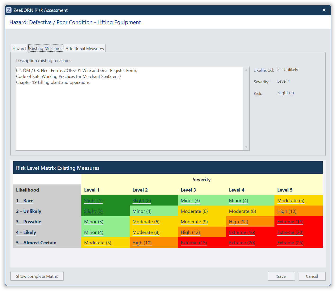 The hazard dialog with its three steps: Hazard, Existing Measures, Additional Measures