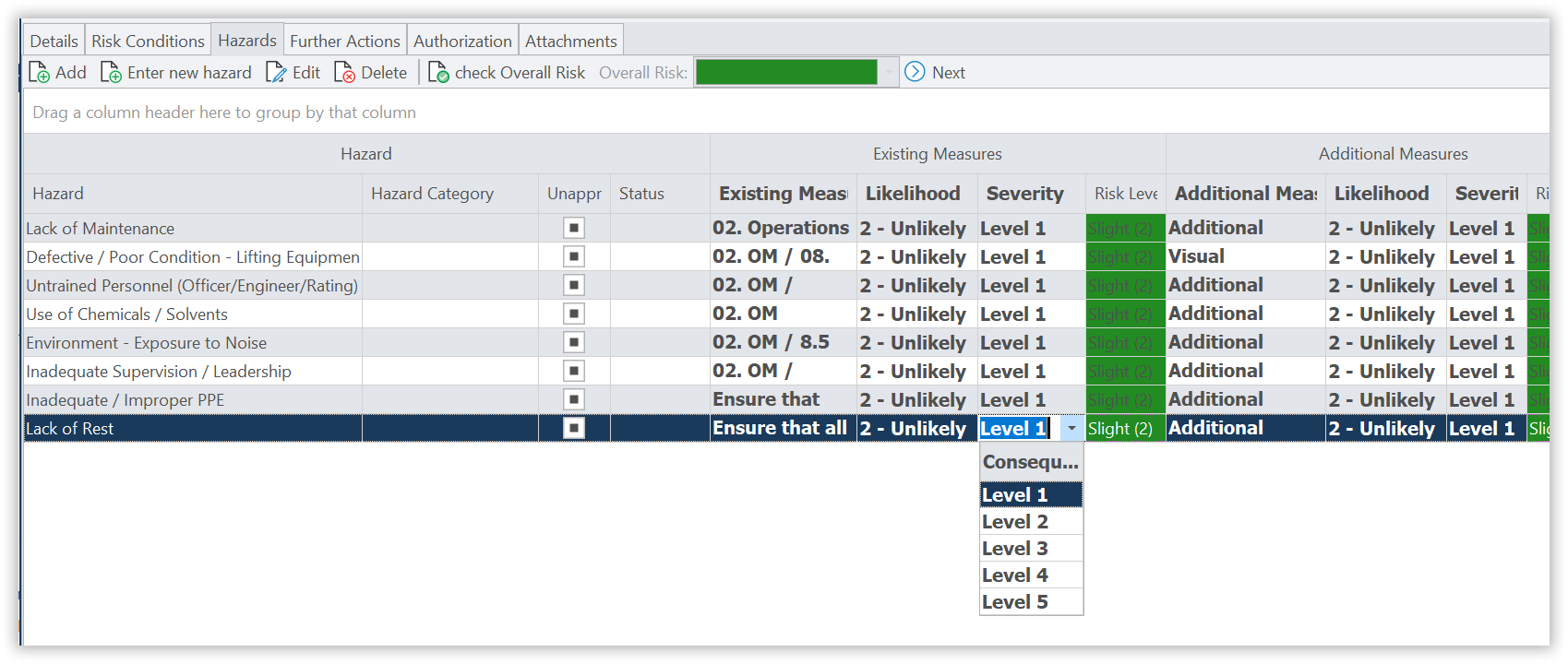 Rating directly in the list — likelihood and severity are picked from a drop-down