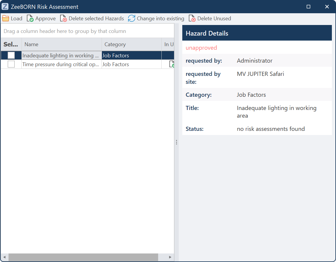 Manage Hazard Requests — the list of unapproved hazards with their details