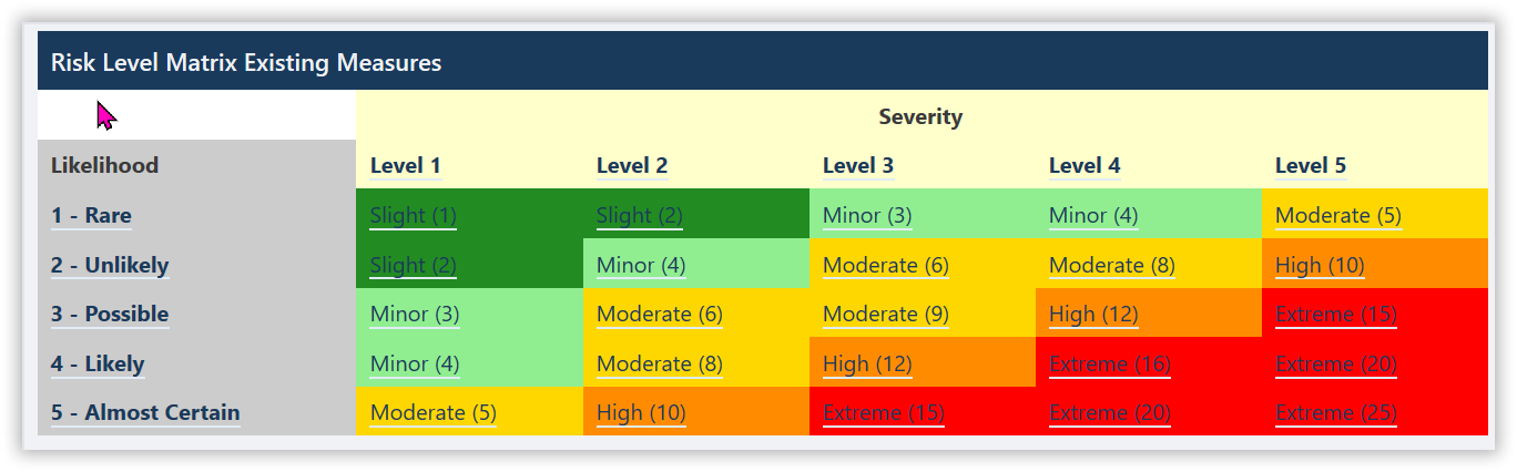 The rating is made by picking the combination of likelihood and severity from the risk matrix