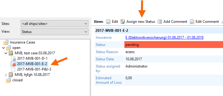 Assigning a new status to a case item