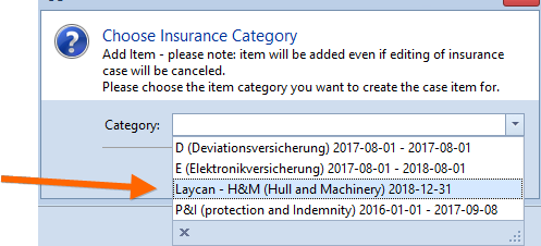 Choosing the insurance for a case item