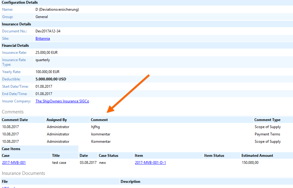 Comments shown with the details