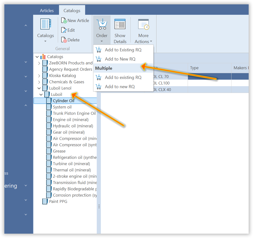 Stock module with the Catalogs tab