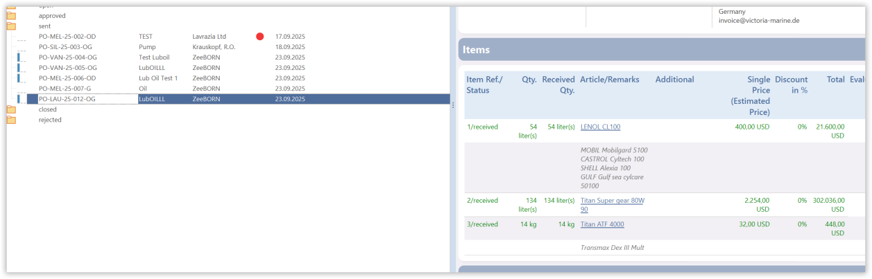Receiving items in the Purchase module
